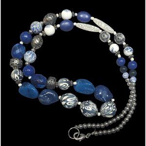 Vintage Blue And White Floral Mixed Media Beaded Necklace